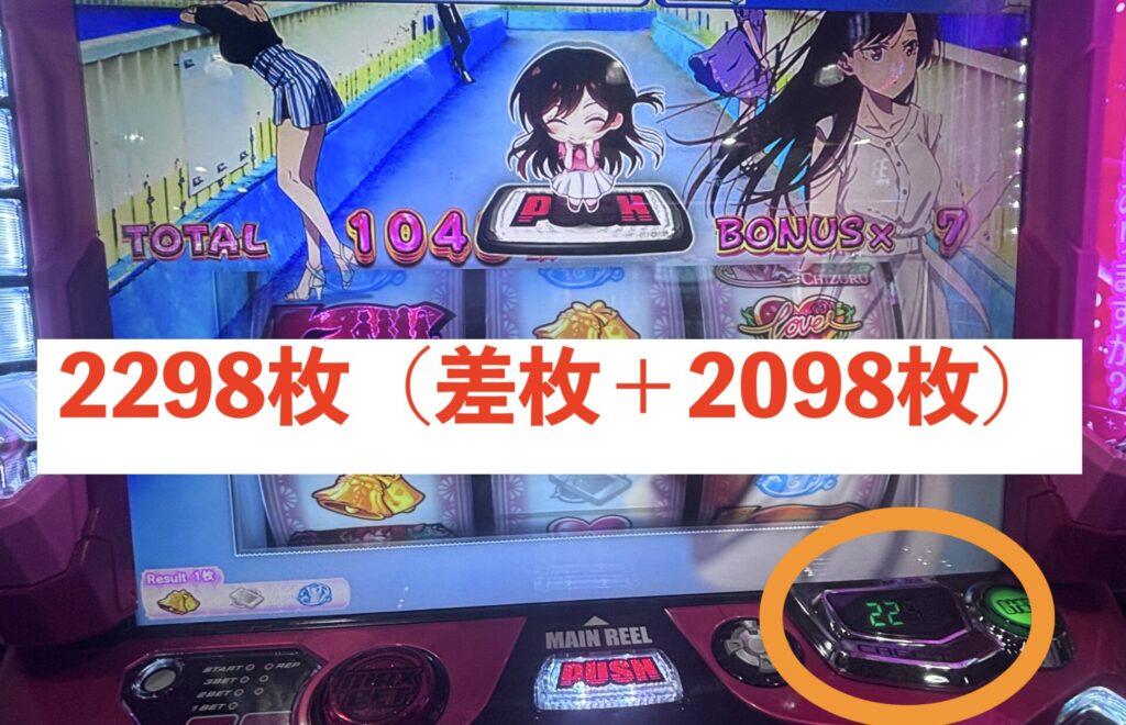 L彼女、お借りします 有利区間リセット時の持ち枚数2298枚(差枚+2098枚)